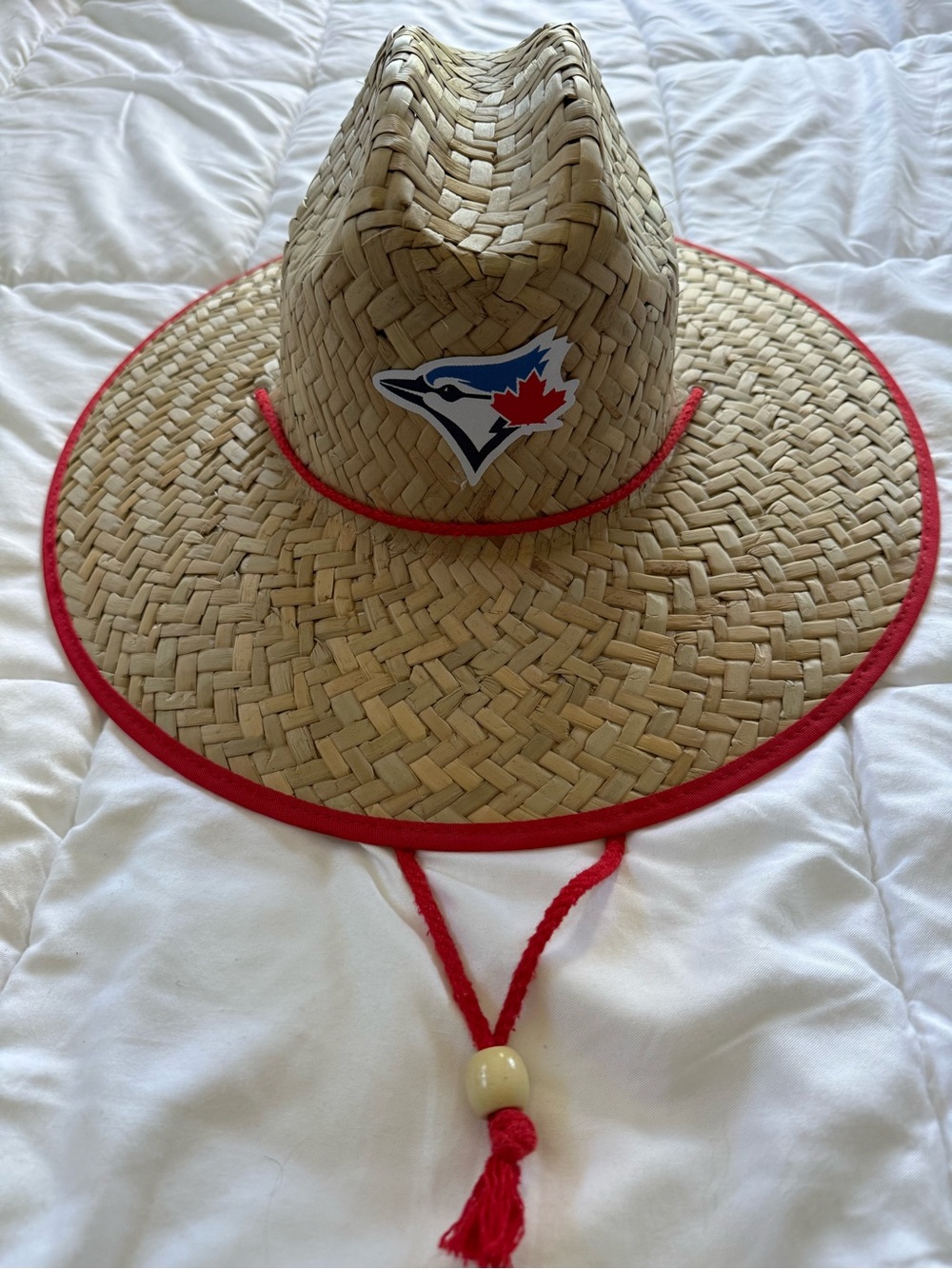 Men's Straw Fedora Sun Hat with Red Trim and Toronto Blue Jays Logo Patch